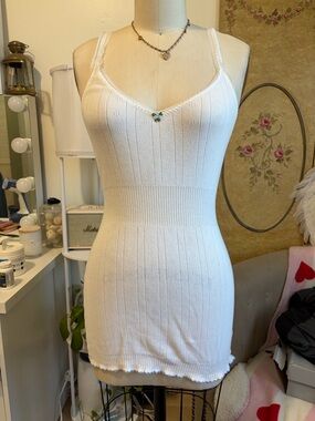 White pointelle Knit Mini Dress with Delicate V-Neck Pretties Venice